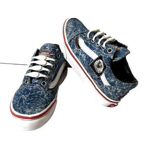 Vans Kids Distressed Blue Denim Low-Top Sneakers with White Stripe and Red Trim